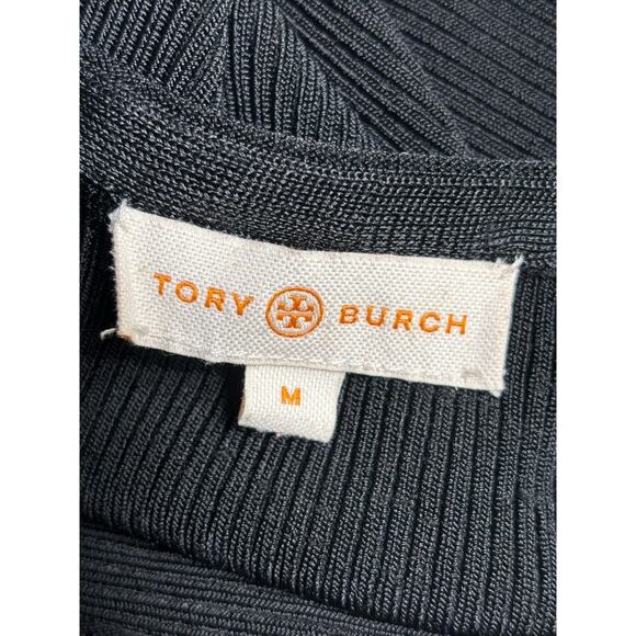 Tory Burch Thea Ribbed Knit Dress Womens Size M Black Long Sleeve Square Neck - Picture 3 of 7